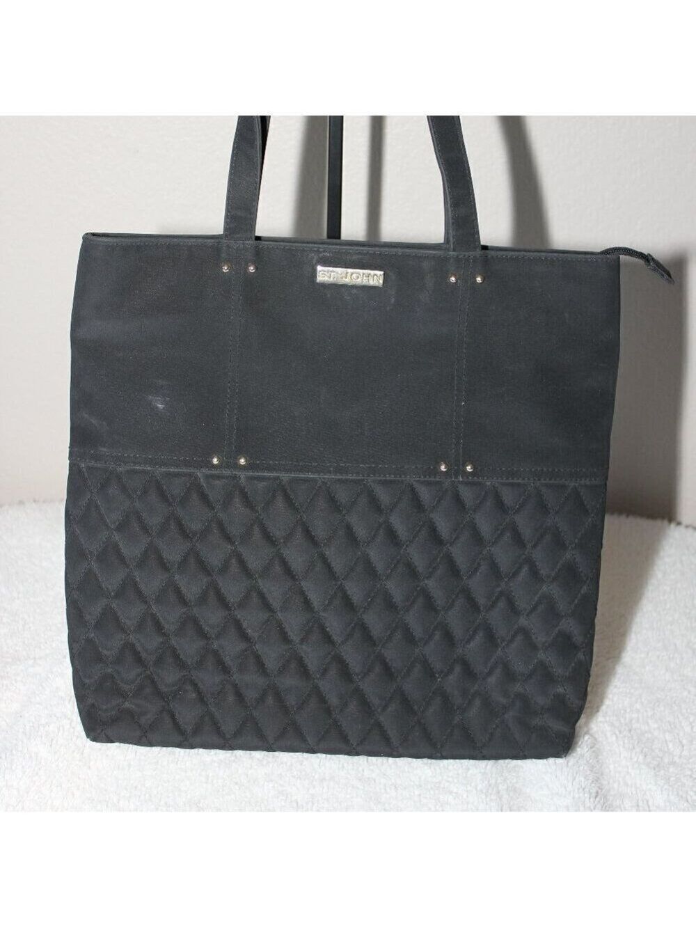 St. John Womens Nylon Quilted Shoulder Bag Black Gold Hardware Classic